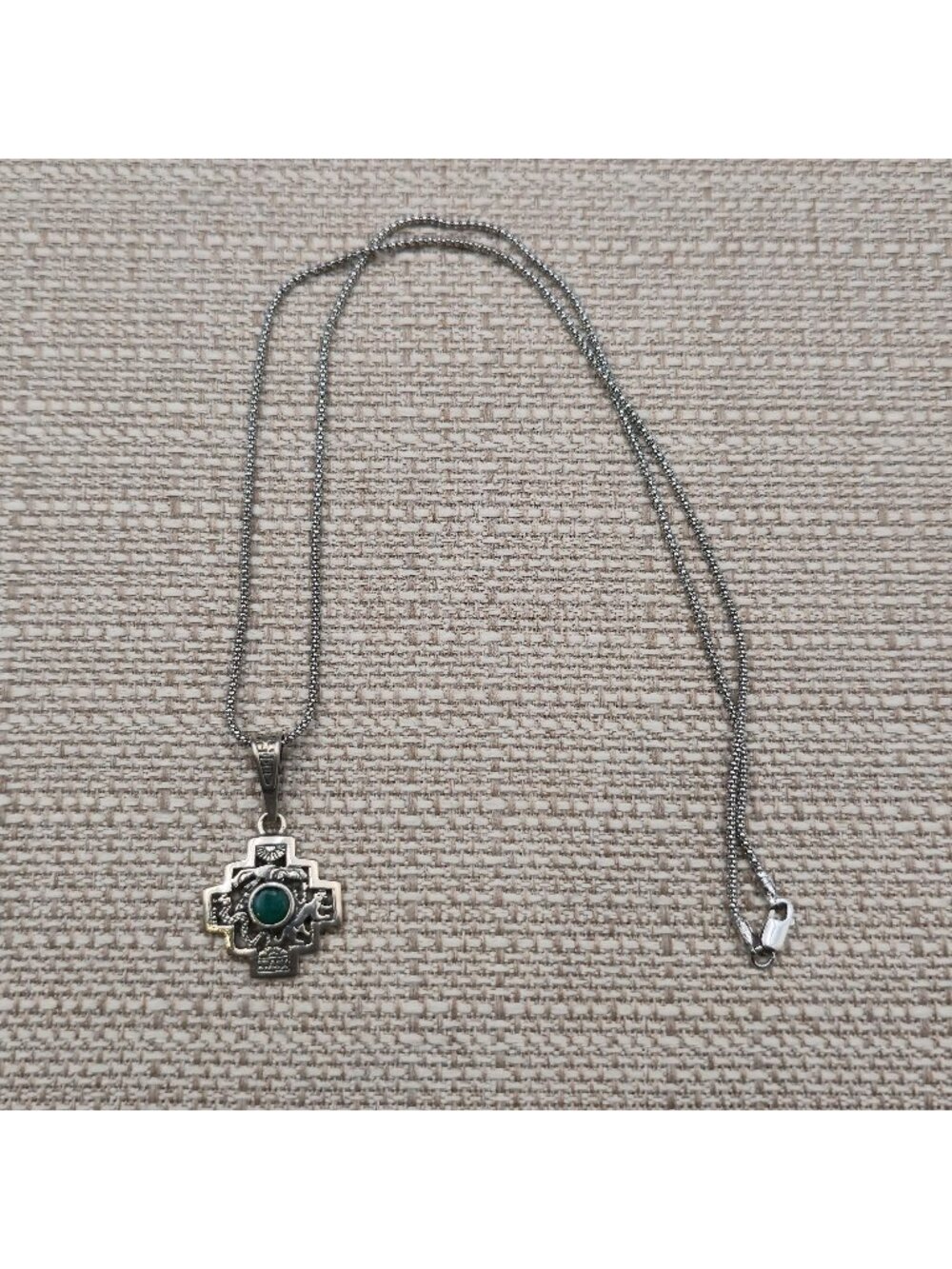 18 Inch Sterling Silver Vintage Peruvian Tribal Cross Charm Pendant Necklace A78
